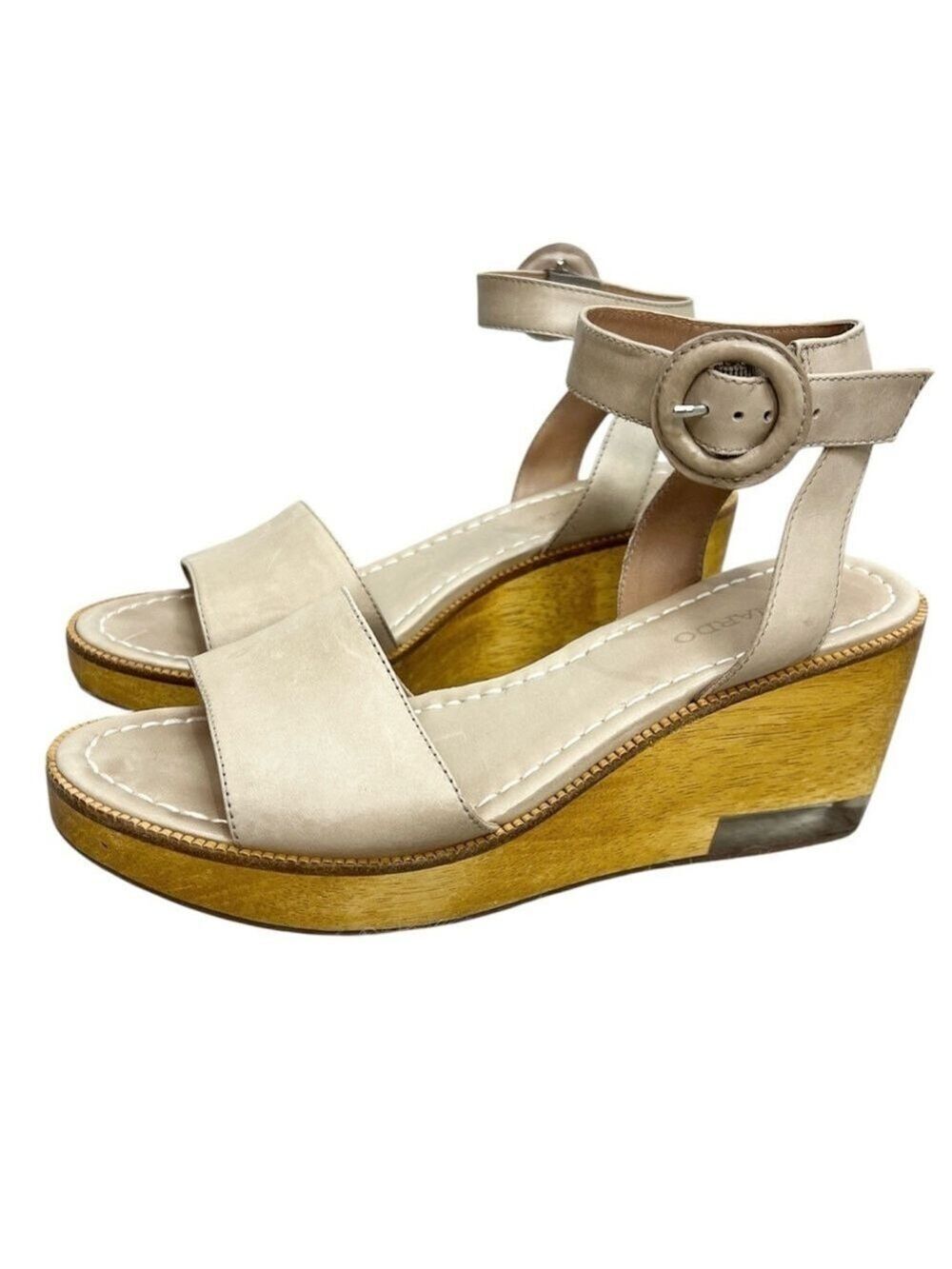Bernardo Kate beige tan leather wooden platform clear heel ankle strap sandals 9